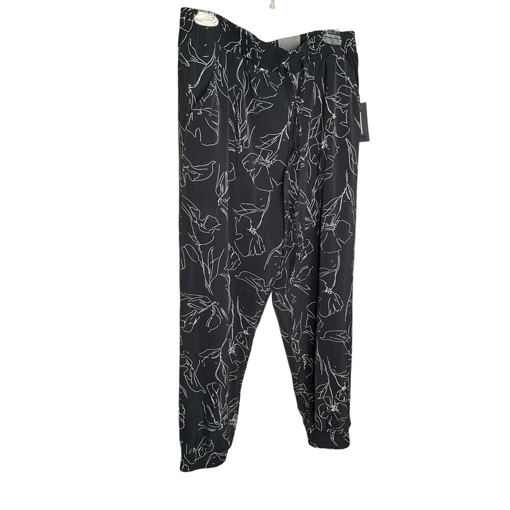 One By Chapter One Jogger Pants Floral Print Mid Rise Black‎ Womens Size L NWT
